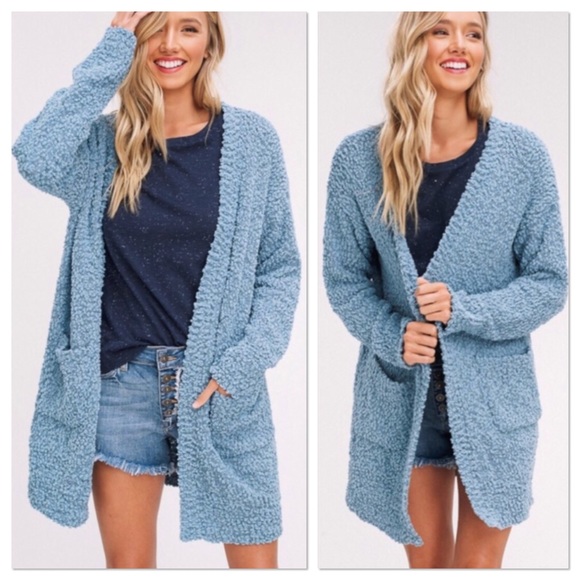 SALE! Sage Popcorn Chunky Knit Open Cardigan - Picture 2 of 6